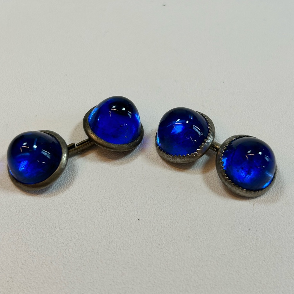 Vintage Two Pairs + Cobalt Blue Glass Chain Link Cufflinks Domed Art Deco - Picture 6 of 8